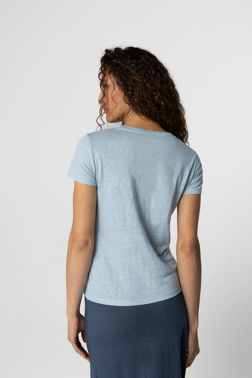 T-shirt bleu clair Col Rond Manches Courtes en Lin / Elasthanne - MAJESTIC FILATURES