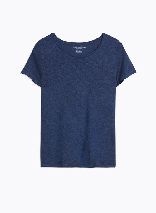 Blue Short Sleeve Round Neck Linen / Elastane T-shirt - MAJESTIC FILATURES