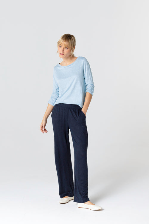 T-shirt Bleu Clair Col Bateau Manches Trois quarts en Lin / Elasthanne - MAJESTIC FILATURES