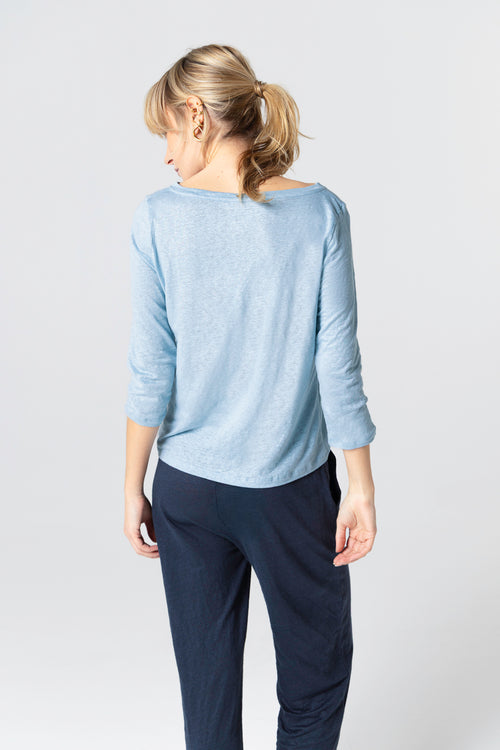 T-shirt Bleu Clair Col Bateau Manches Trois quarts en Lin / Elasthanne - MAJESTIC FILATURES