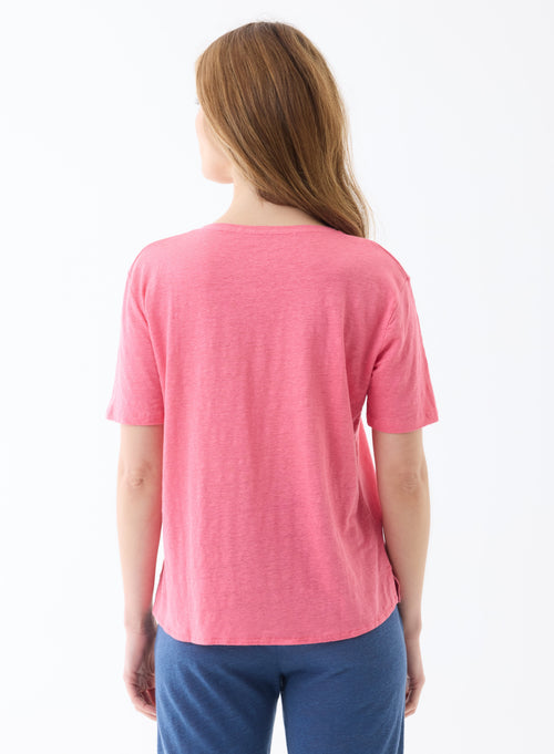 T-Shirt Candy pink Ellbogenärmel Rundhalsausschnitt aus Leinen / Elasthan - MAJESTIC FILATURES