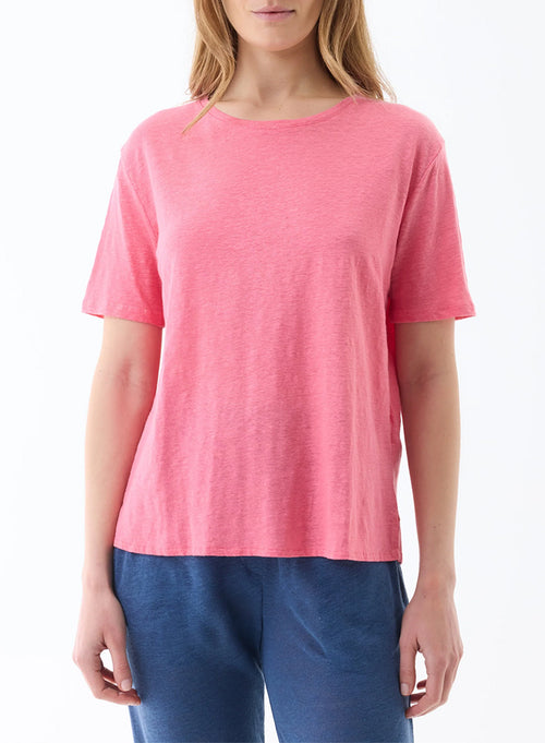 T-Shirt Candy pink Ellbogenärmel Rundhalsausschnitt aus Leinen / Elasthan - MAJESTIC FILATURES