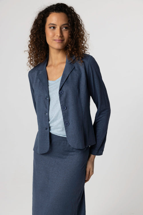 Dark Blue Long-Sleeve Jacket in Linen / Elastane - MAJESTIC FILATURES