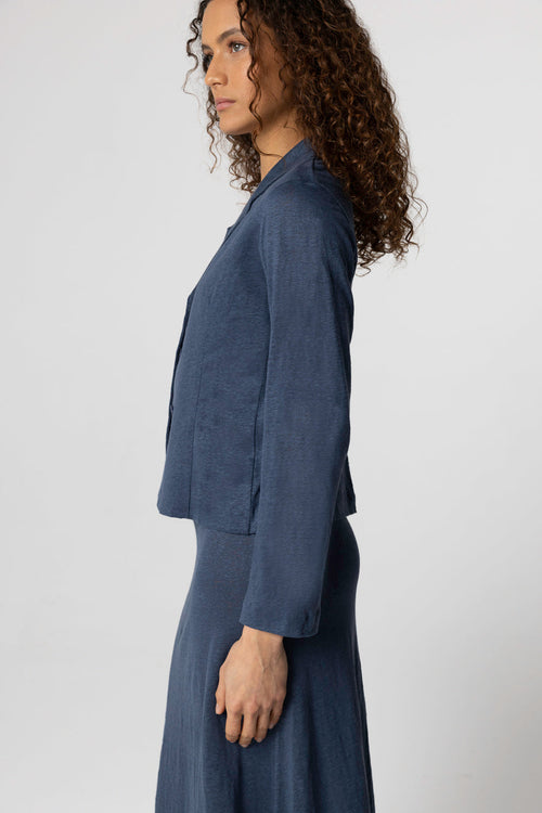 Dark Blue Long-Sleeve Jacket in Linen / Elastane - MAJESTIC FILATURES