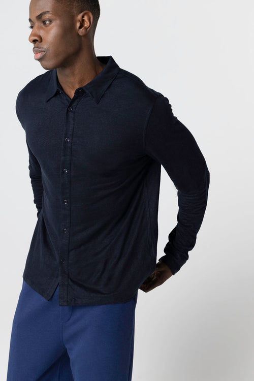 Langärmliges Hemd aus Leinen/Elasthan in Marineblau - MAJESTIC FILATURES