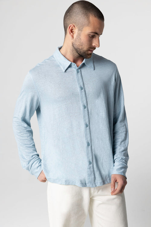 Camisa azul claro con cuello de camisa y mangas largas de lino/elastano - MAJESTIC FILATURES