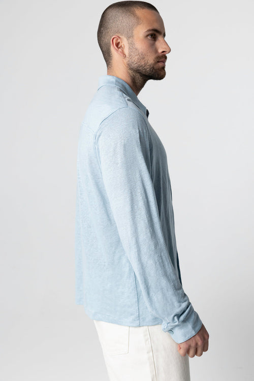 Camisa azul claro con cuello de camisa y mangas largas de lino/elastano - MAJESTIC FILATURES