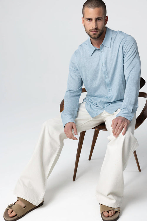 Camisa azul claro con cuello de camisa y mangas largas de lino/elastano - MAJESTIC FILATURES