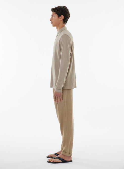 Polo Beige Manches Longues en Lin / Elasthanne - MAJESTIC FILATURES