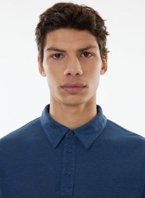 Blaues kurzärmeliges Poloshirt aus Leinen-Elasthan - MAJESTIC FILATURES