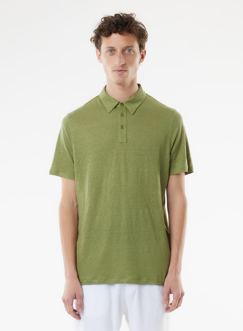 Green Short Sleeve Linen / Elastane Polo Shirt - MAJESTIC FILATURES