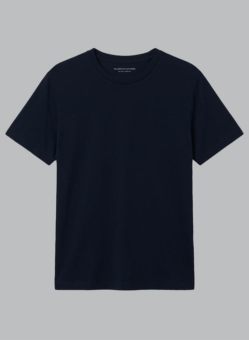 T-Shirt mit Rundhalsausschnitt und kurzen Ärmeln aus Leinen/Elasthan in Marineblau - MAJESTIC FILATURES