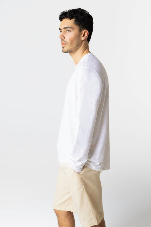 White Long Sleeve Crew Neck T-Shirt in Linen / Elastane - MAJESTIC FILATURES