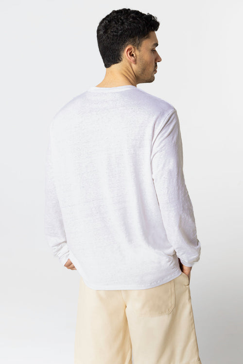 White Long Sleeve Crew Neck T-Shirt in Linen / Elastane - MAJESTIC FILATURES