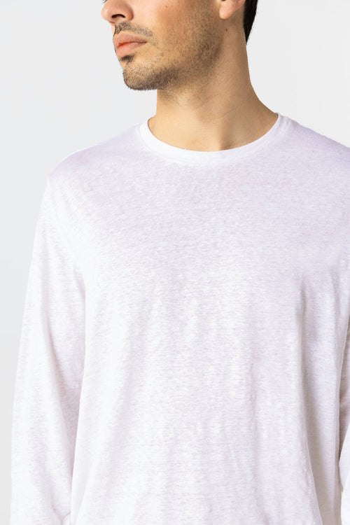 White Long Sleeve Crew Neck T-Shirt in Linen / Elastane - MAJESTIC FILATURES