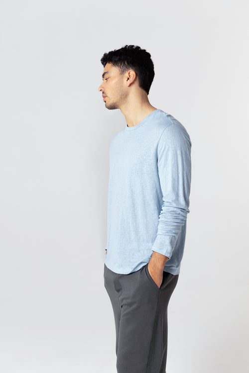 T-shirt bleu clair Col Rond Manches Longues en Lin / Elasthanne - MAJESTIC FILATURES