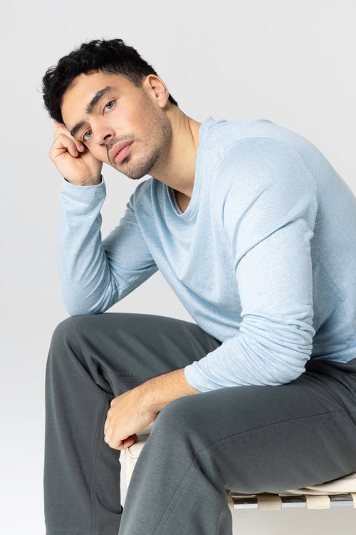 T-shirt bleu clair Col Rond Manches Longues en Lin / Elasthanne - MAJESTIC FILATURES