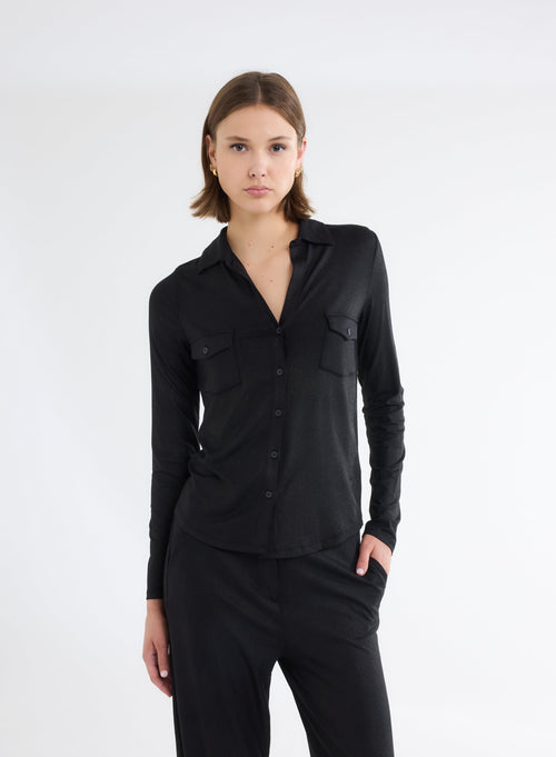 Black Glitter Long Sleeve Shirt in Viscose and Elastane - MAJESTIC FILATURES