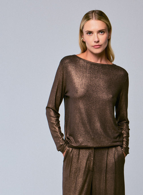 Brown Boat Neck Long Sleeves T-shirt in Viscose and Elastane - MAJESTIC FILATURES