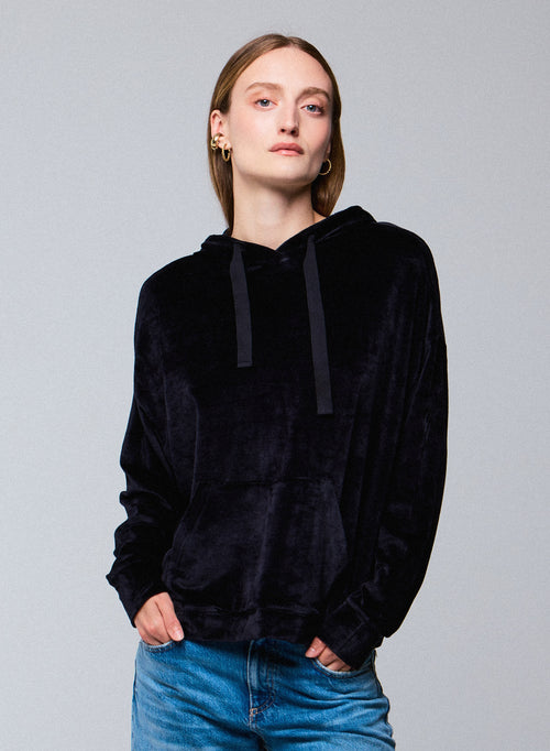 Sudadera azul marino con capucha y manga larga en algodón / modal / elastano - MAJESTIC FILATURES