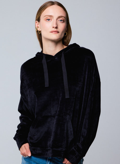 Marineblaues Kapuzensweatshirt mit langen Ärmeln aus Baumwolle / Modal / Elasthan - MAJESTIC FILATURES