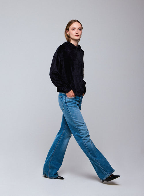 Marineblaues Kapuzensweatshirt mit langen Ärmeln aus Baumwolle / Modal / Elasthan - MAJESTIC FILATURES