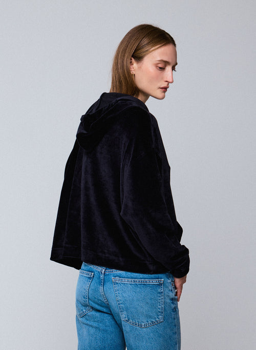 Marineblaues Kapuzensweatshirt mit langen Ärmeln aus Baumwolle / Modal / Elasthan - MAJESTIC FILATURES