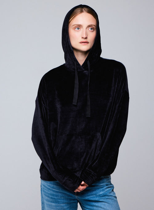 Marineblaues Kapuzensweatshirt mit langen Ärmeln aus Baumwolle / Modal / Elasthan - MAJESTIC FILATURES