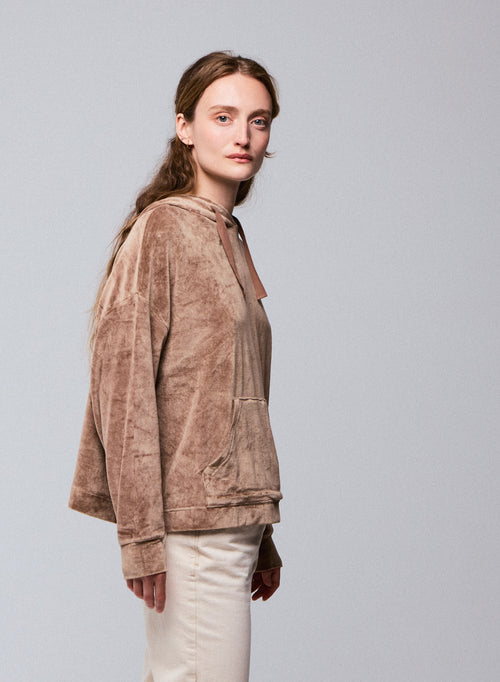 Beigefarbenes Kapuzensweatshirt mit langen Ärmeln aus Baumwolle / Modal / Elasthan - MAJESTIC FILATURES