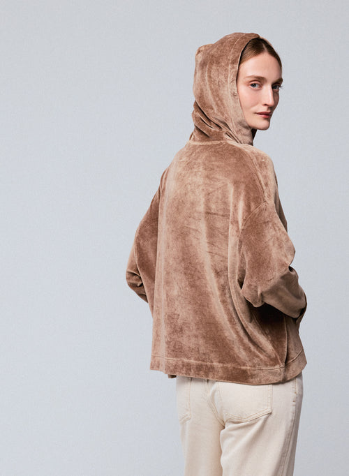 Beigefarbenes Kapuzensweatshirt mit langen Ärmeln aus Baumwolle / Modal / Elasthan - MAJESTIC FILATURES