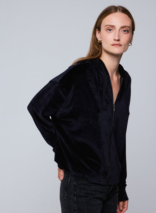 Sudadera azul marino con capucha y manga larga en algodón / modal / elastano - MAJESTIC FILATURES