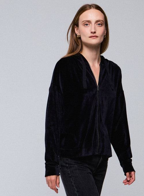 Marineblaues Kapuzensweatshirt mit langen Ärmeln aus Baumwolle / Modal / Elasthan - MAJESTIC FILATURES