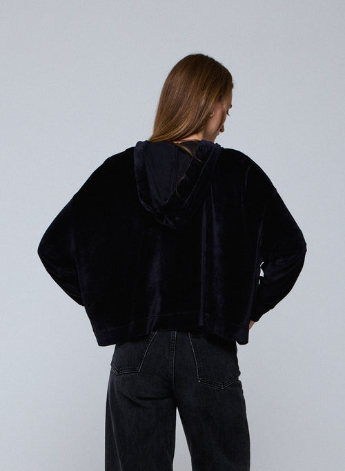 Marineblaues Kapuzensweatshirt mit langen Ärmeln aus Baumwolle / Modal / Elasthan - MAJESTIC FILATURES