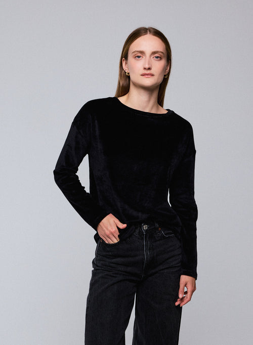 Camiseta negra de manga larga con cuello barco en algodón orgánico / modal / elastano - MAJESTIC FILATURES