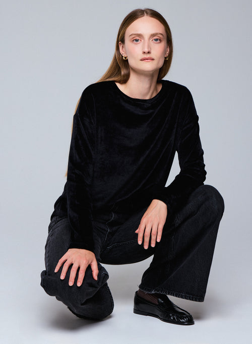Black Boat neck Long Sleeves T-Shirt in Organic Cotton / Modal / Elastane - MAJESTIC FILATURES