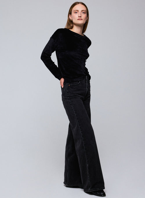 Black Boat neck Long Sleeves T-Shirt in Organic Cotton / Modal / Elastane - MAJESTIC FILATURES