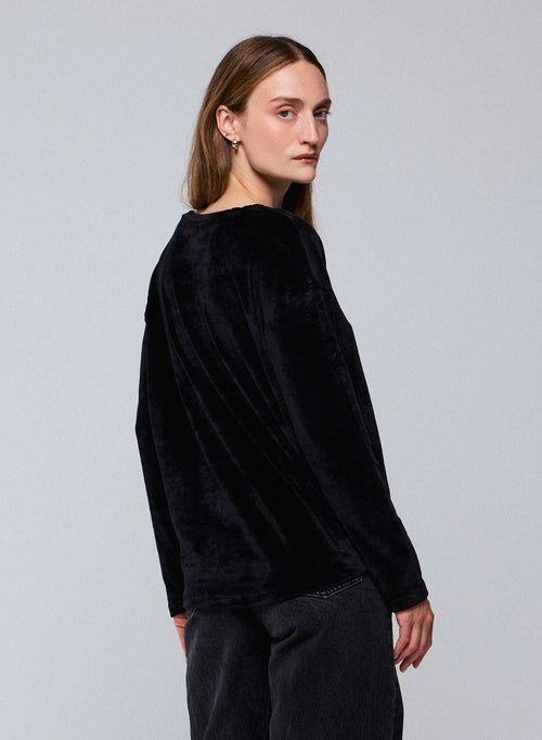 Black Boat neck Long Sleeves T-Shirt in Organic Cotton / Modal / Elastane - MAJESTIC FILATURES