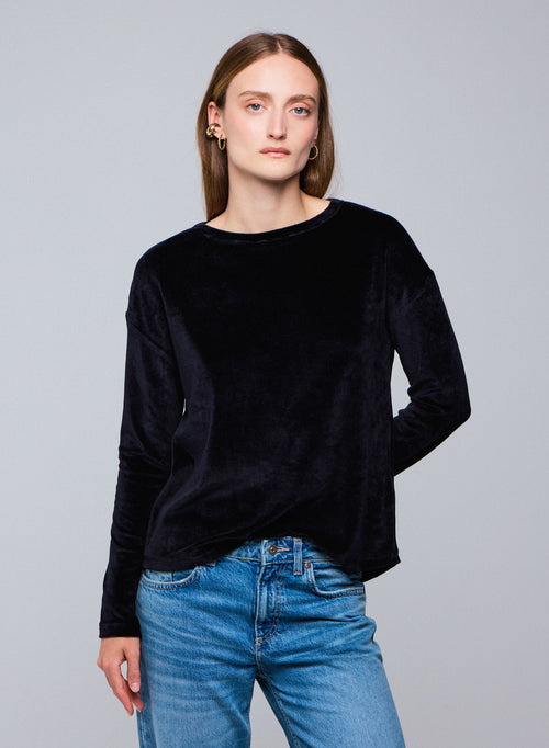 Camiseta azul marino con cuello barco de manga larga en Algodón Orgánico / Modal / Elastano - MAJESTIC FILATURES