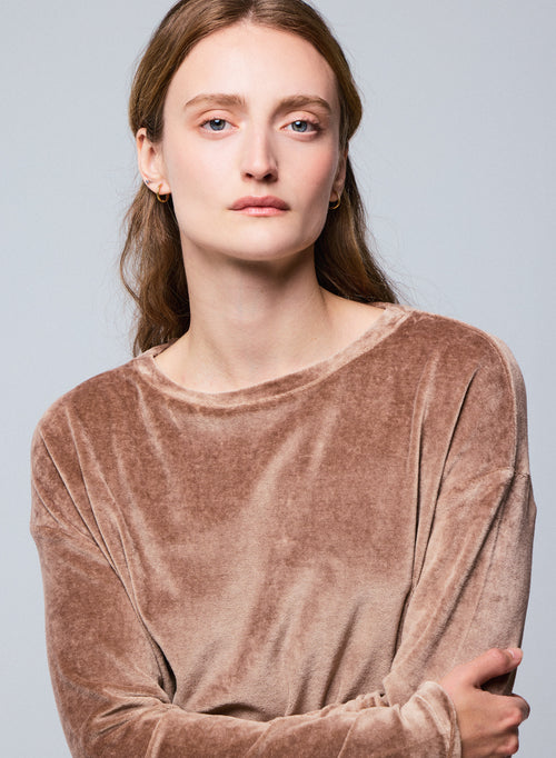 Camiseta de manga larga con cuello barco beige en algodón orgánico / modal / elastano - MAJESTIC FILATURES