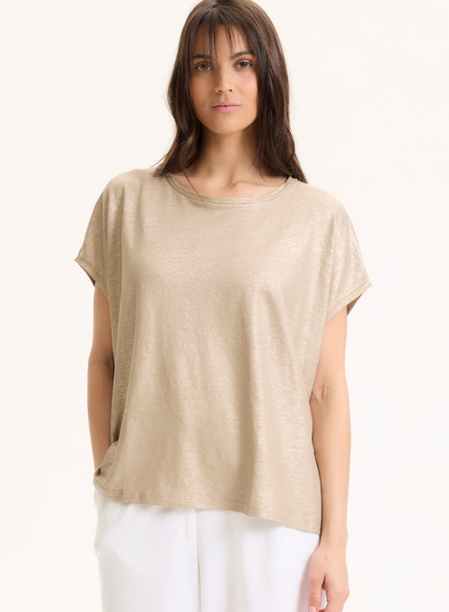 Beige ärmelloses T-Shirt mit Rundhalsausschnitt aus Leinen / Elasthan - MAJESTIC FILATURES