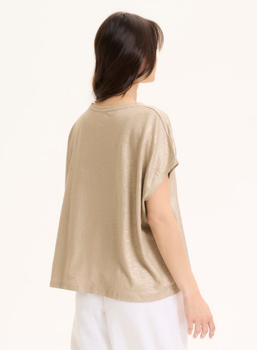 Beige ärmelloses T-Shirt mit Rundhalsausschnitt aus Leinen / Elasthan - MAJESTIC FILATURES