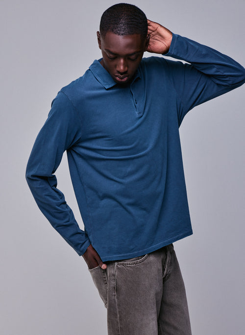 Polo Bleu Polo Manches Longues en Coton / Elasthanne - MAJESTIC FILATURES