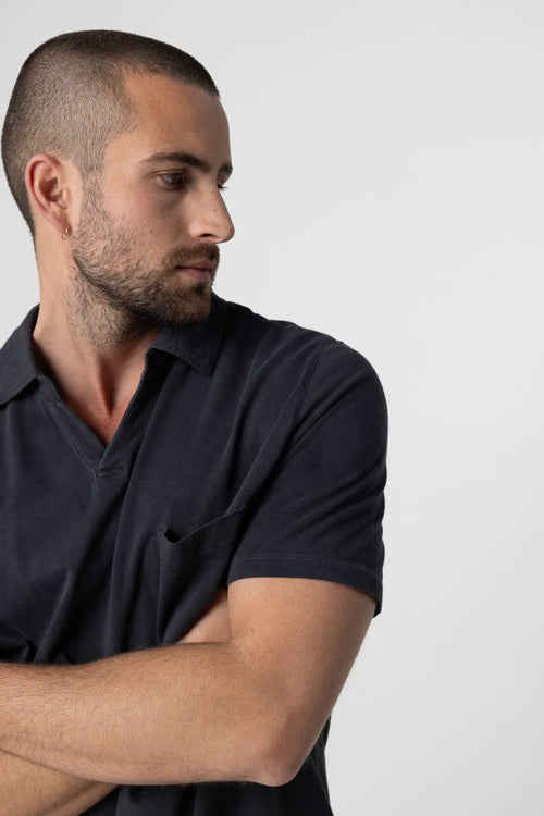 Kurzarm-Polohemd aus Bio-Baumwolle/Elasthan in Schwarz - MAJESTIC FILATURES