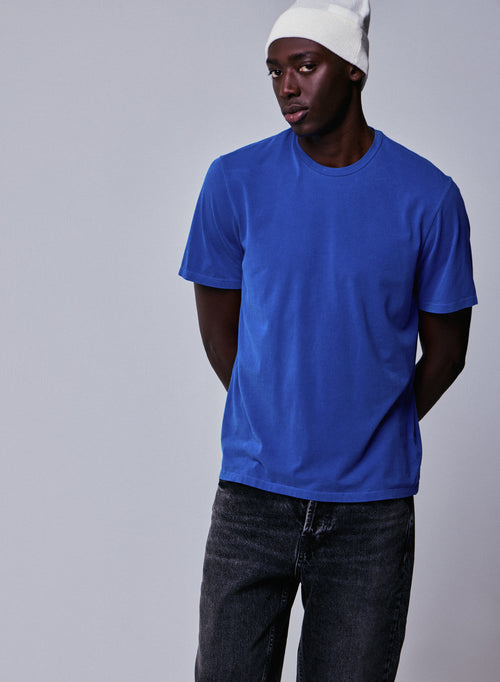 Camiseta de manga corta con cuello redondo azul en algodón orgánico / elastano - MAJESTIC FILATURES