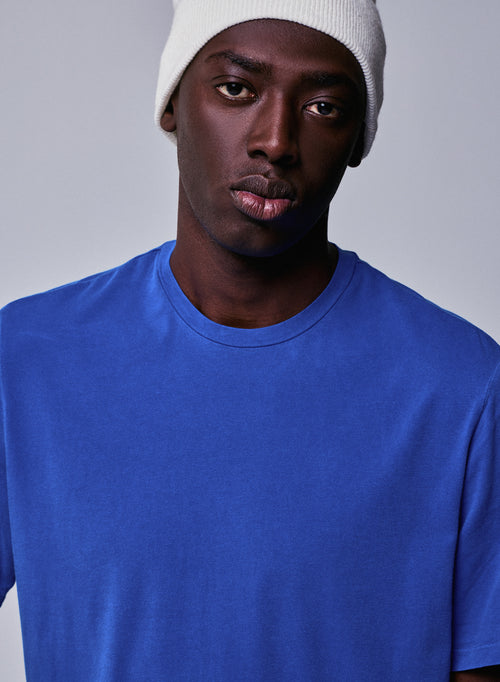 Blaues Kurzarm-T-Shirt mit Rundhalsausschnitt aus Bio-Baumwolle / Elasthan - MAJESTIC FILATURES