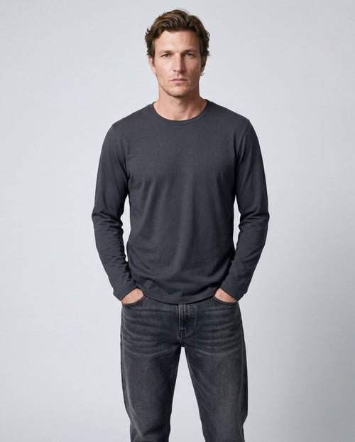 Black Round-Neck Long-Sleeve T-shirt in Organic Cotton / Elastane - MAJESTIC FILATURES