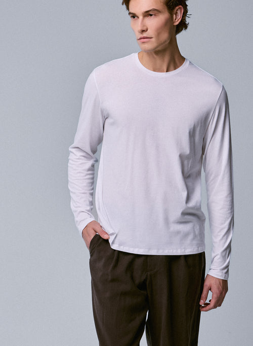 Weißes Henry T-Shirt mit Rundhalsausschnitt und langen Ärmeln aus organischer Baumwolle und Elastan - MAJESTIC FILATURES