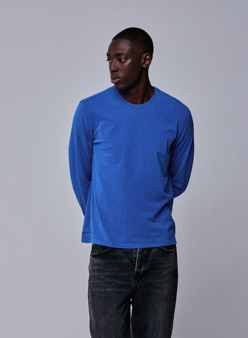 Camiseta de manga larga con cuello redondo azul en algodón orgánico / elastano - MAJESTIC FILATURES