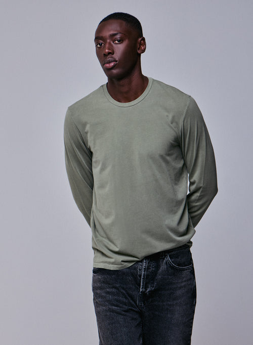 Camiseta de manga larga con cuello redondo verde en algodón orgánico / elastano - MAJESTIC FILATURES