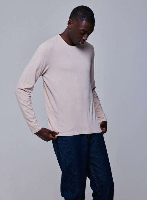 T-shirt Beige Col Rond Manches Longues en Coton organique / Elasthanne - MAJESTIC FILATURES